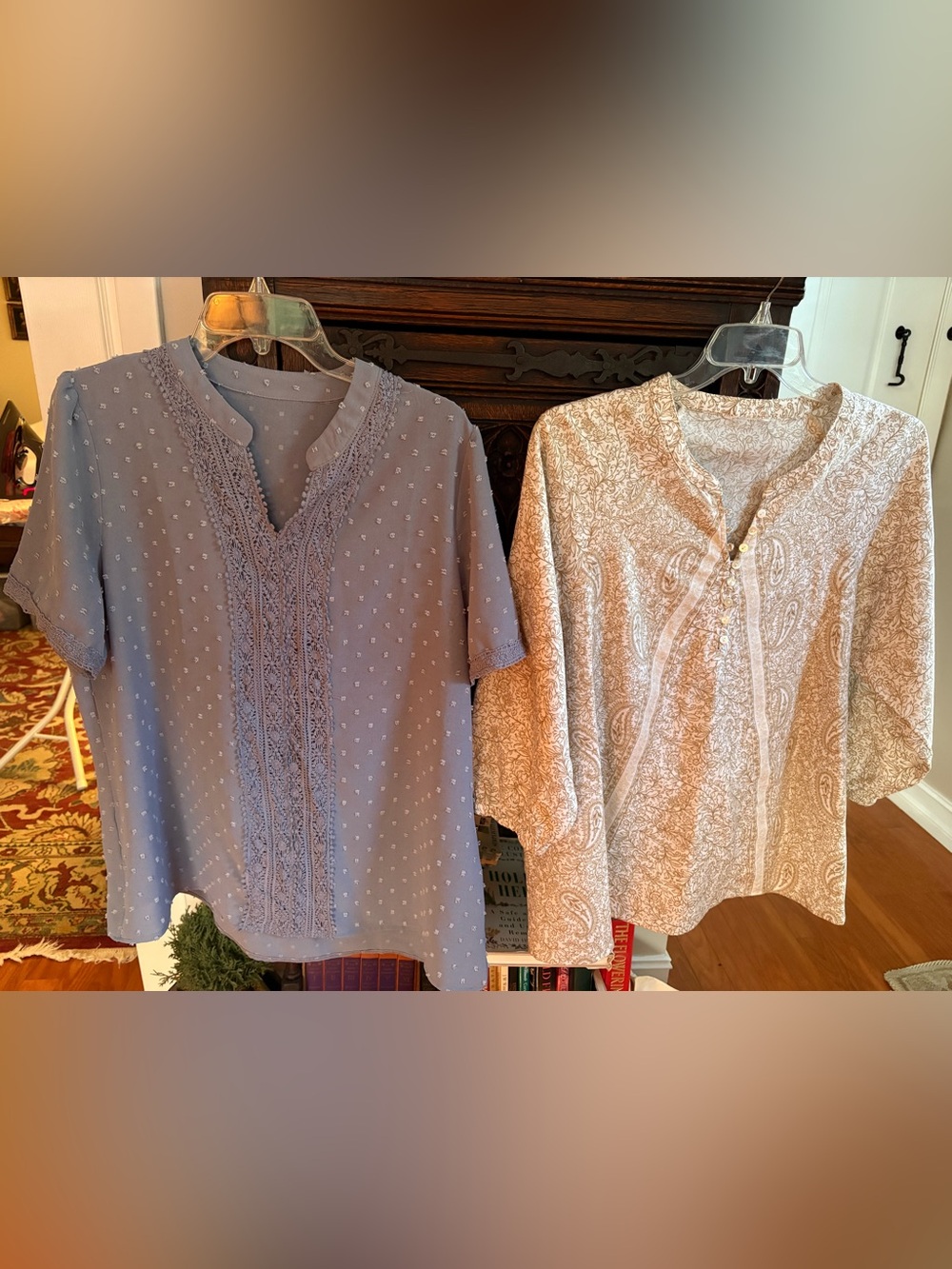 Pair of XL ladies tops: blue with dots, tan and white flower